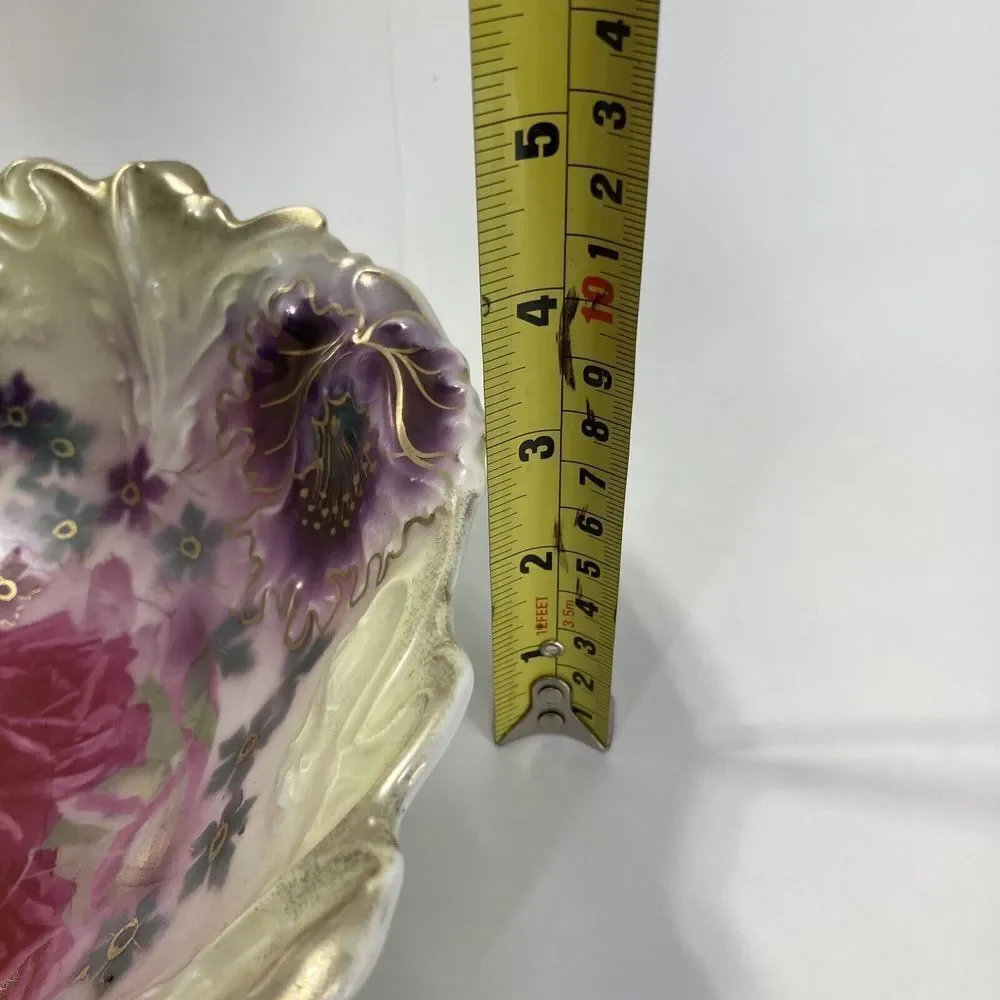 Antique‎ 10.5” Bowl A F S P Roses Scalloped Center Bowl Gold Pink Green Purple